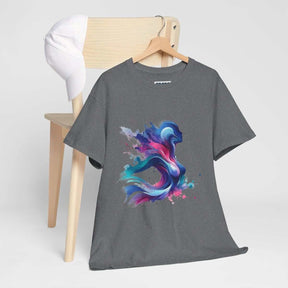 Gray cotton T-shirt with short sleeves and an abstract pink, blue, and purple figure print draped over a chair