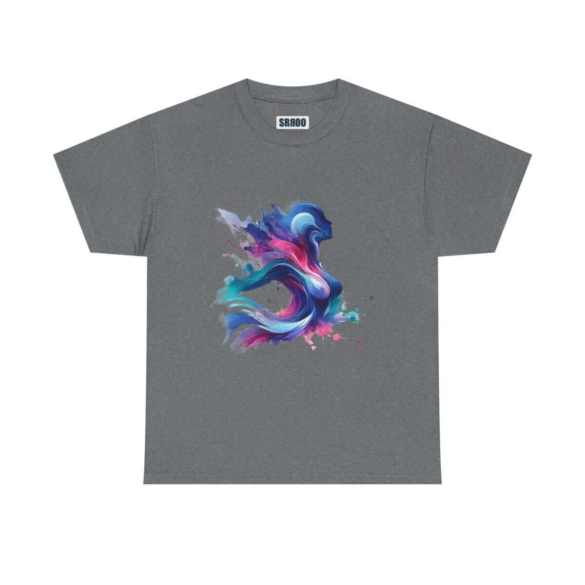 Gray cotton T-shirt featuring a colorful abstract silhouette of a woman in blue, purple, and pink brushstroke design