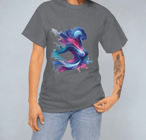 Gray cotton short-sleeve t-shirt featuring blue and pink abstract graphic artwork covering the front center