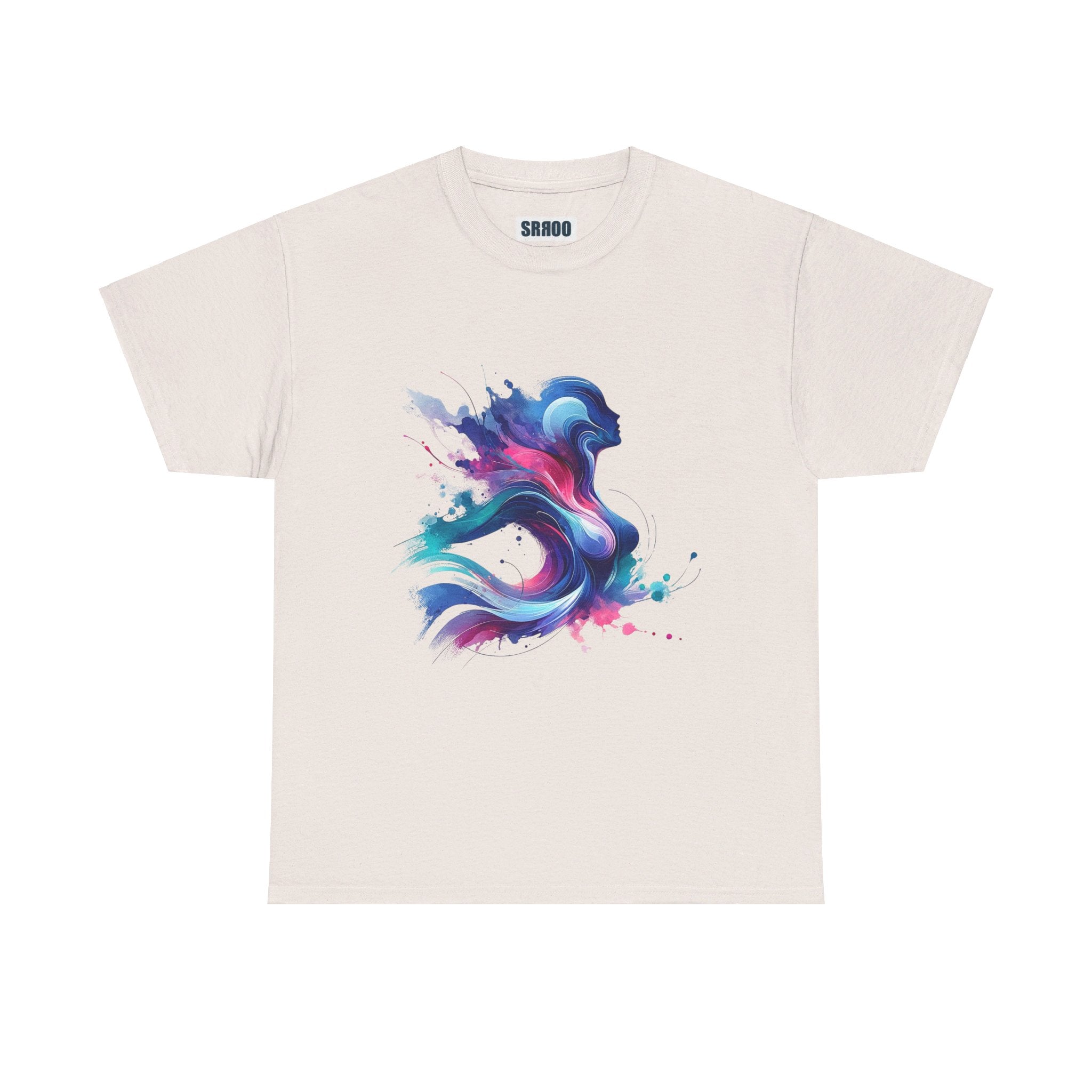 White cotton t-shirt with crew neck featuring a colorful abstract silhouette with blue and purple paint splashes