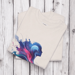 Cotton t-shirt in ice grey with abstract face graphic in blue and pink printed across the chest