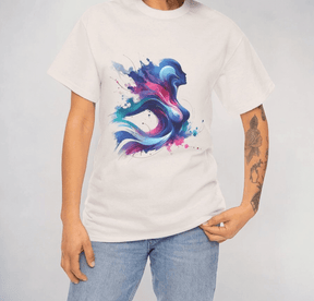 White cotton T-shirt with colorful abstract design in blue, pink, and purple worn with light blue denim jeans