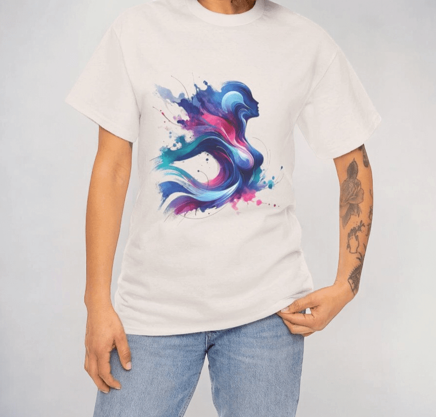 White cotton T-shirt with colorful abstract design in blue, pink, and purple worn with light blue denim jeans