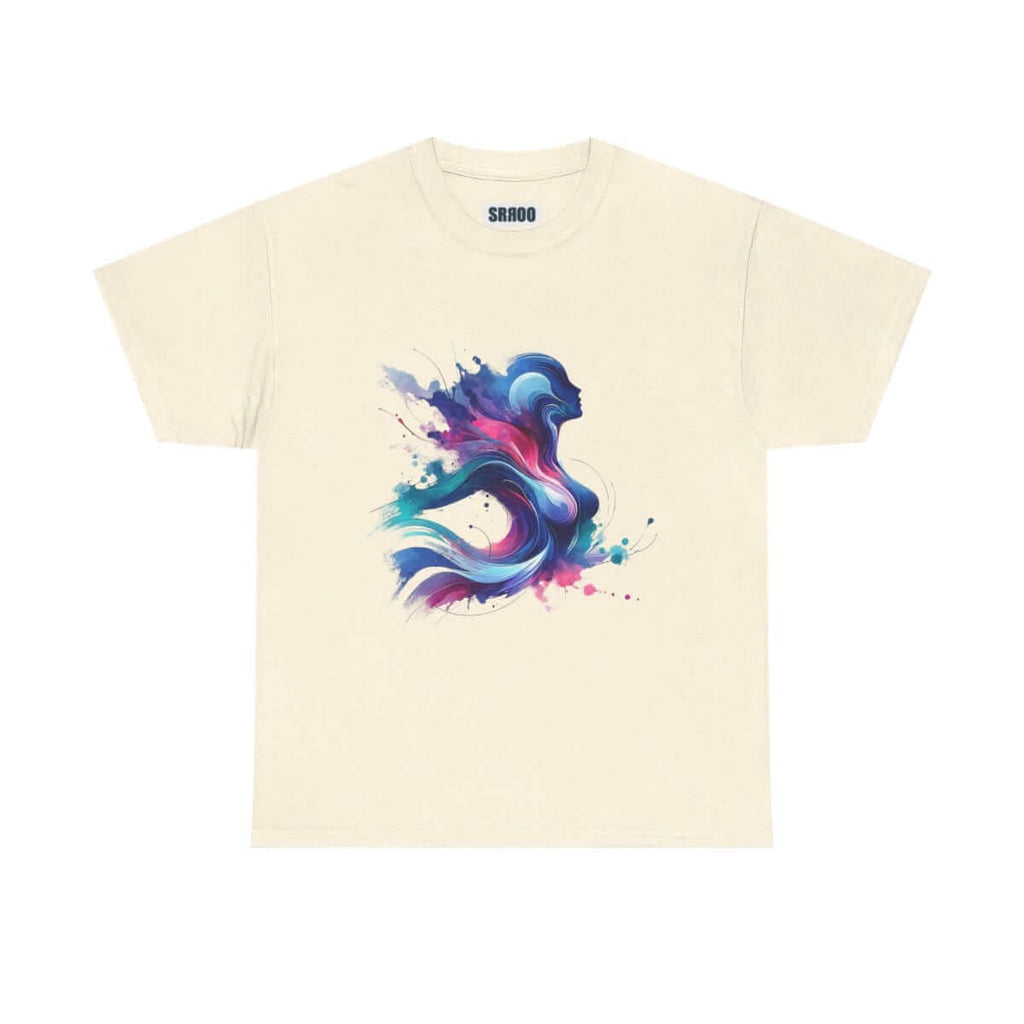 Cream cotton t-shirt with a multicolor silhouette print in blue, purple, and pink across the chest