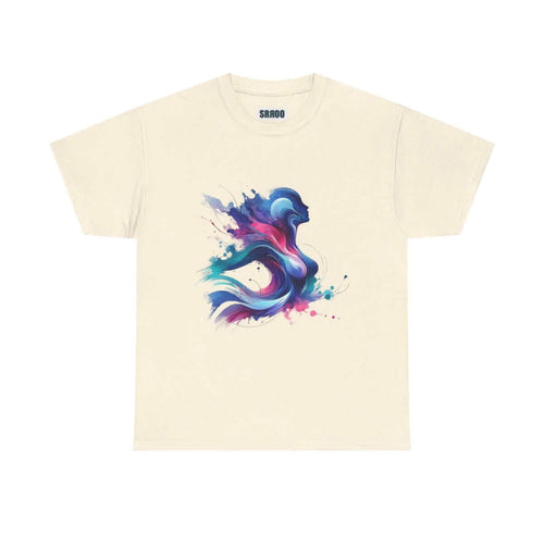 Cream cotton t-shirt with a multicolor silhouette print in blue, purple, and pink across the chest