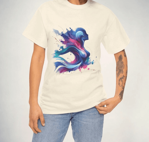Cream T-shirt with vibrant abstract blue and pink watercolor design worn by person with tattoos