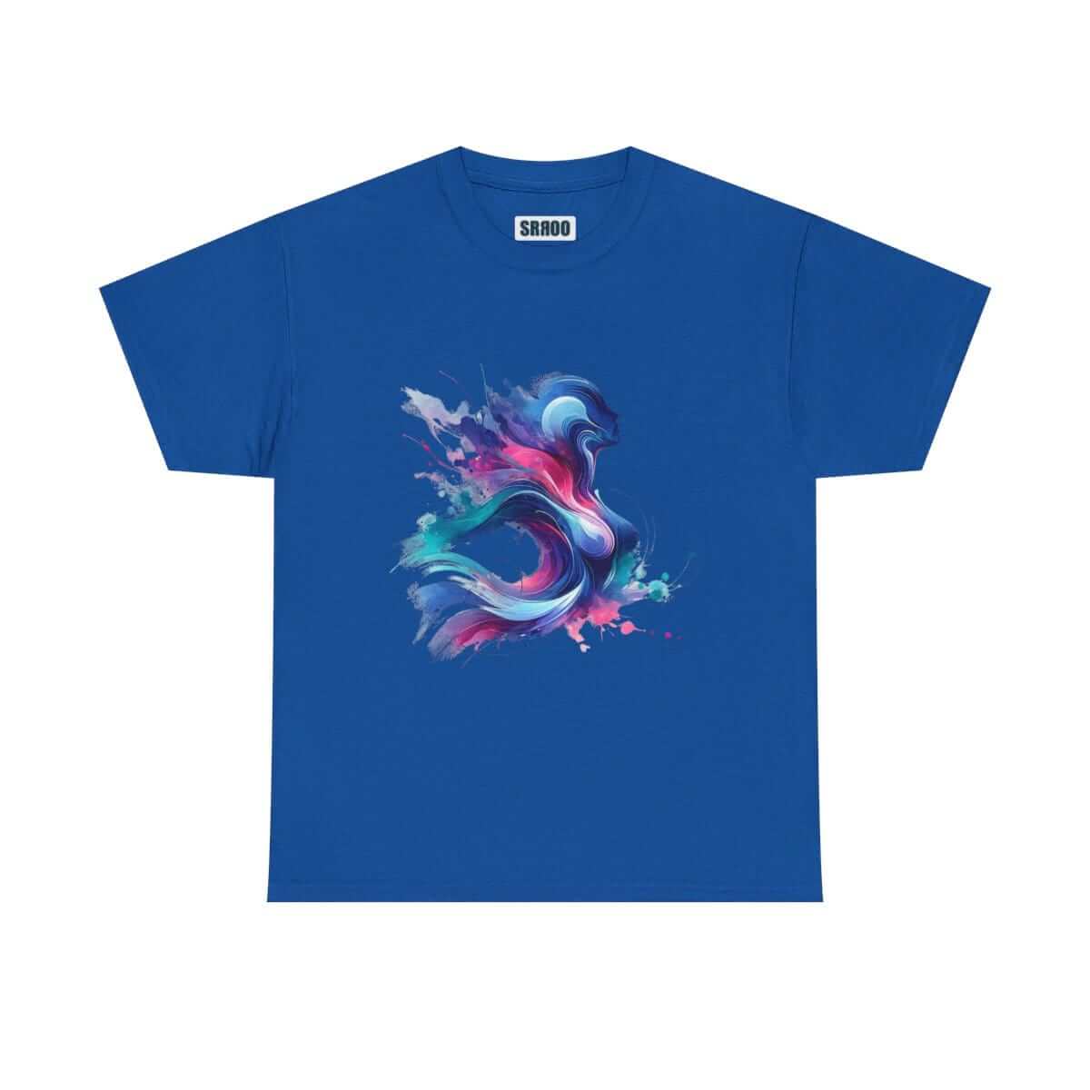 Blue cotton T-shirt with a crew neck and multicolor abstract splash design printed across the front
