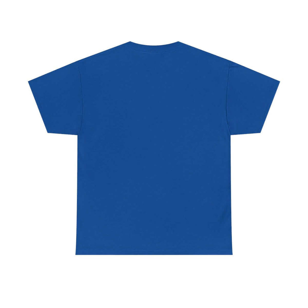 Blue cotton t-shirt in royal color with a classic crew neck and short sleeves, shown on a person from the back