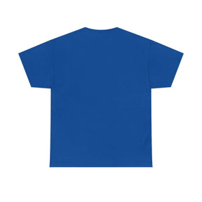 Blue cotton t-shirt in royal color with a classic crew neck and short sleeves, shown on a person from the back