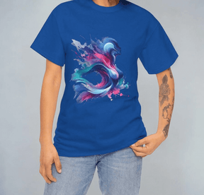 Blue short sleeve cotton shirt with abstract multicolor swirl design worn by person in jeans with forearm tattoo