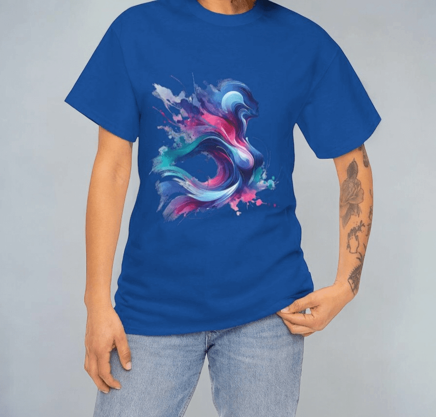 Blue short sleeve cotton shirt with abstract multicolor swirl design worn by person in jeans with forearm tattoo