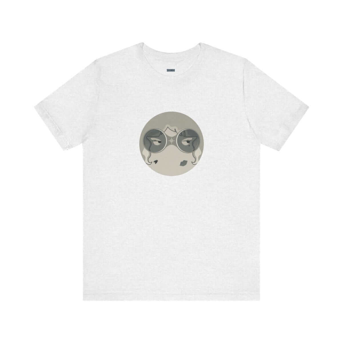 White tee with circular design of masked face in gray and beige with subtle cartoon effect