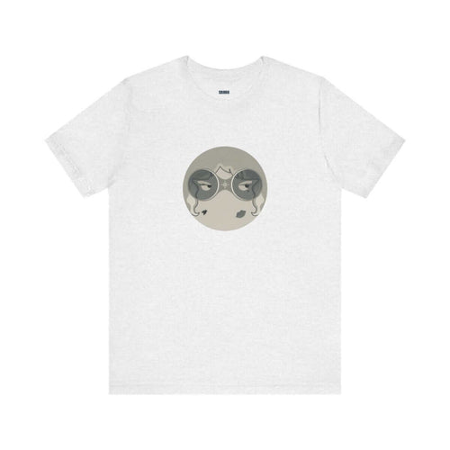 White tee with circular design of masked face in gray and beige with subtle cartoon effect
