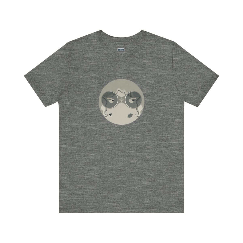 Gray tee with circular design of stylized face with wavy hair, star detail, and "SNOO" label element