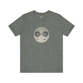 Gray tee with circular design of stylized face with wavy hair, star detail, and "SNOO" label element