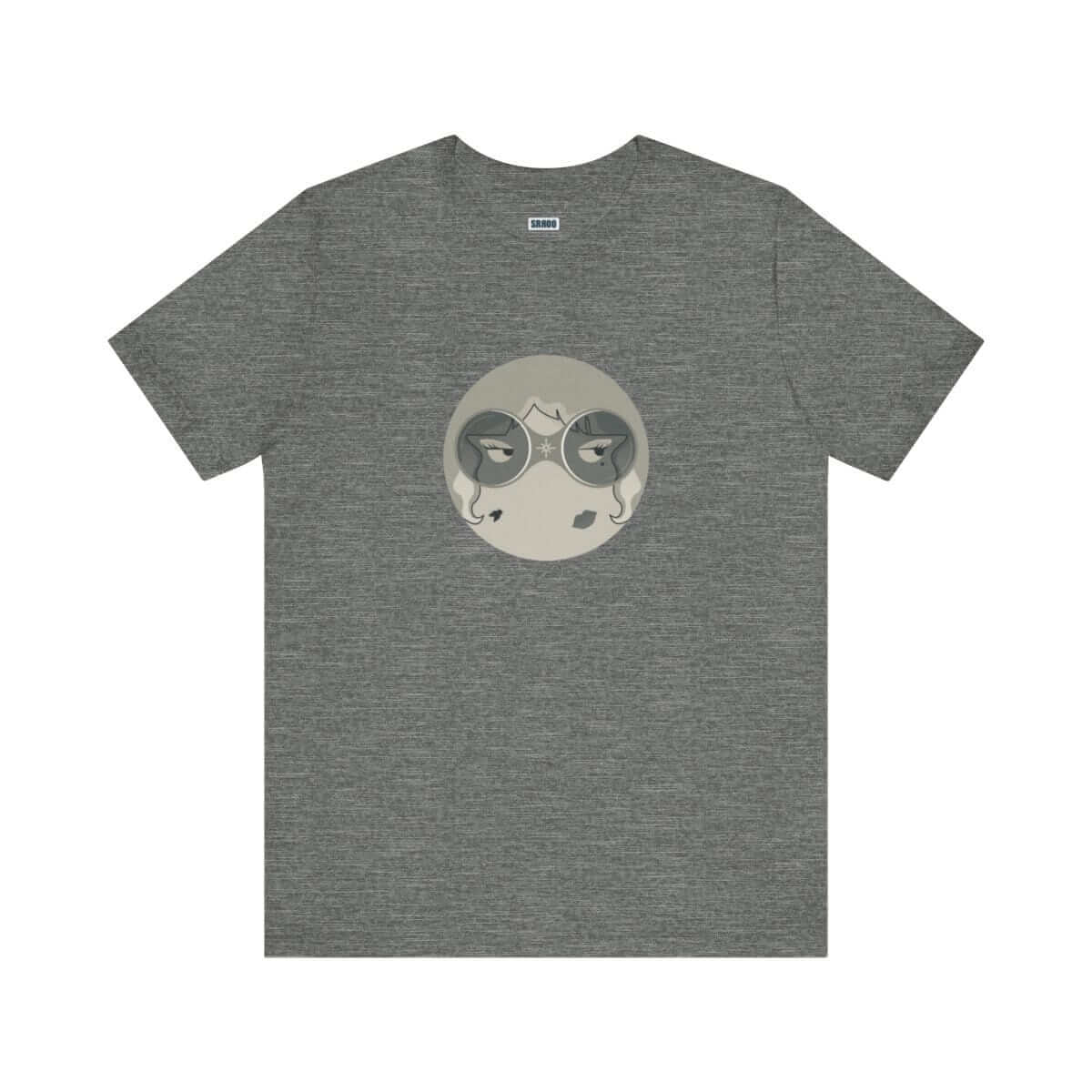Gray tee with circular design of stylized face with wavy hair, star detail, and "SNOO" label element