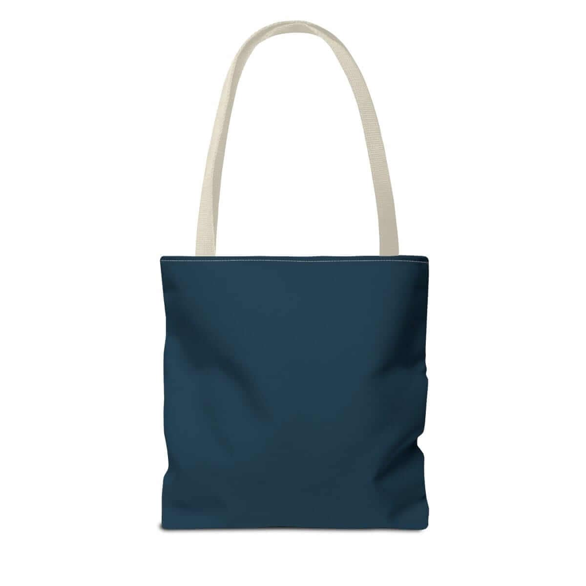 Dark navy canvas tote bag with beige cotton handles, minimalist design, and unstructured rectangular body