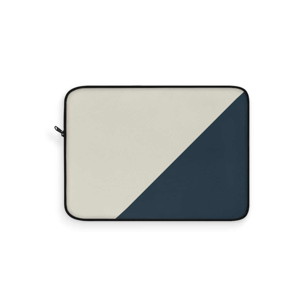 Laptop sleeve with navy and beige geometric pattern, soft fabric exterior, minimalist design, and zipper closure