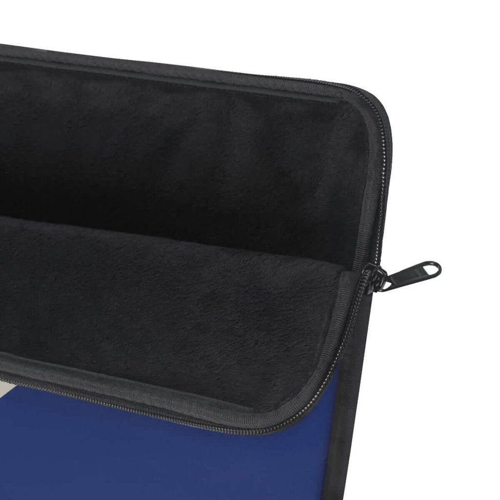 Blue and black zippered electronics case with fabric exterior, rounded corners, and soft padded interior lining