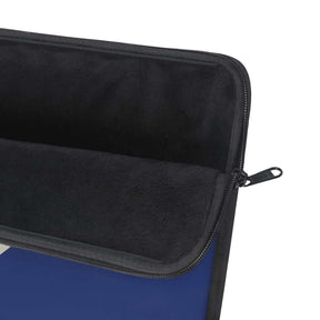 Blue and black zippered electronics case with fabric exterior, rounded corners, and soft padded interior lining