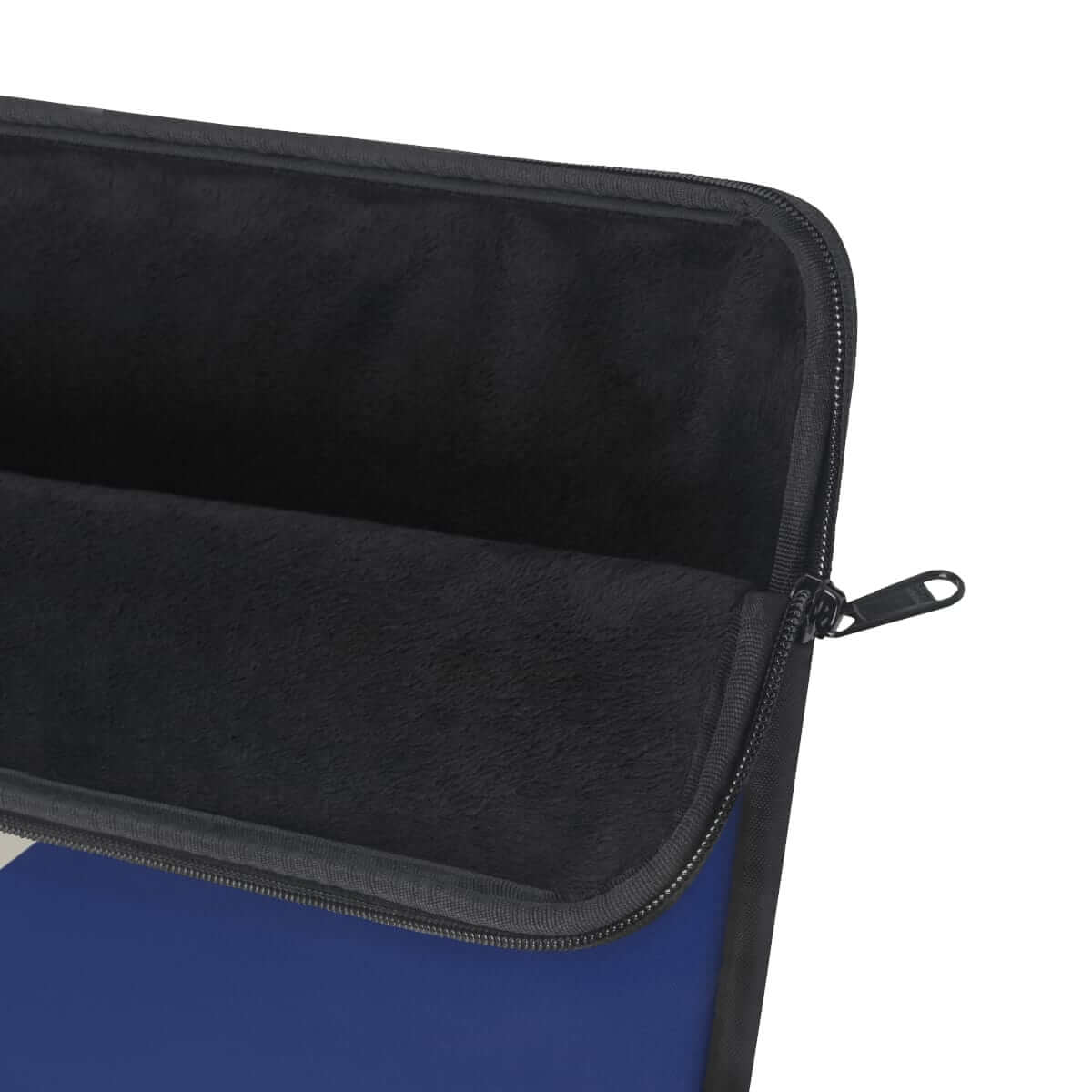 Blue and black zippered electronics case with fabric exterior, rounded corners, and soft padded interior lining