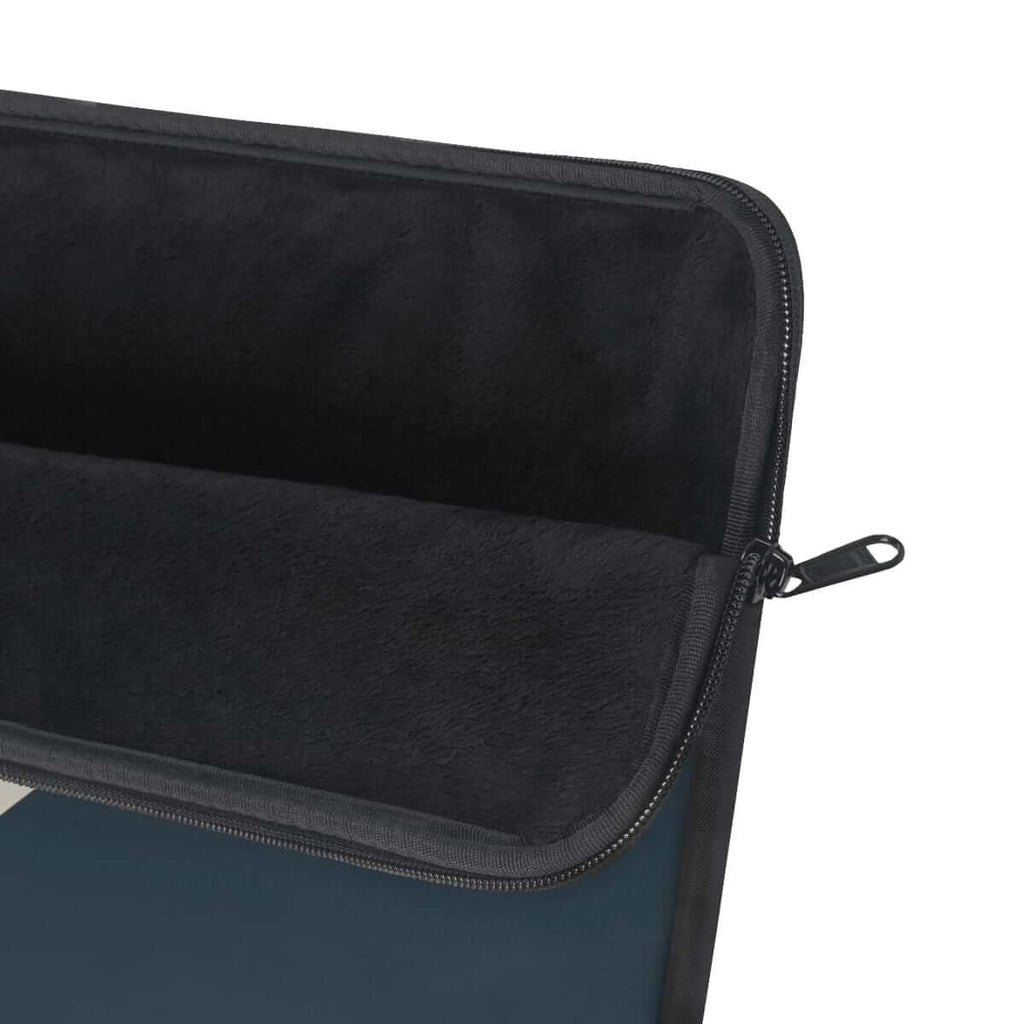Black and royal blue laptop sleeve with zipper closure and soft padded interior lining for added device protection