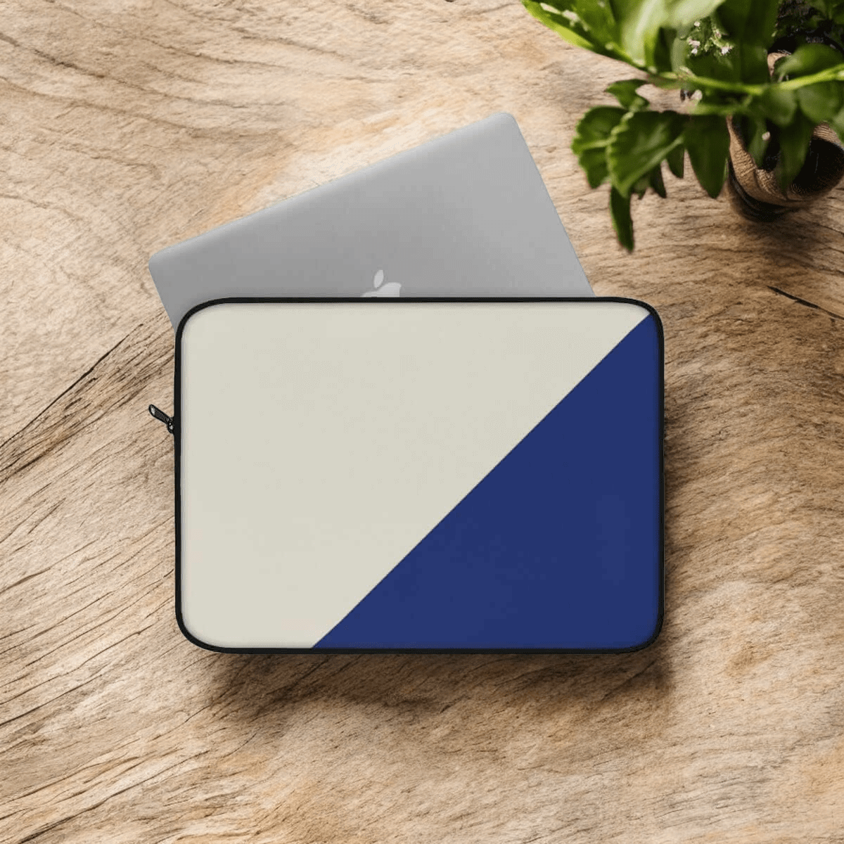 Laptop sleeve with beige canvas exterior, royal blue diagonal accent, and zipper closure on wooden table beside plant
