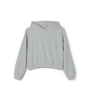 Gray cotton hoodie with long sleeves, ribbed cuffs, and a front kangaroo pocket shown on a flat white background