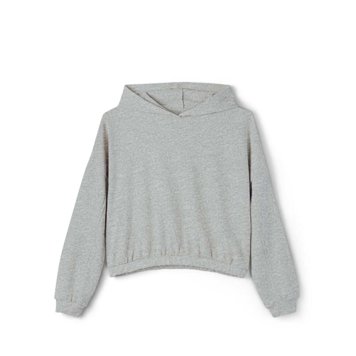 Gray cotton hoodie with long sleeves, ribbed cuffs, and a front kangaroo pocket shown on a flat white background