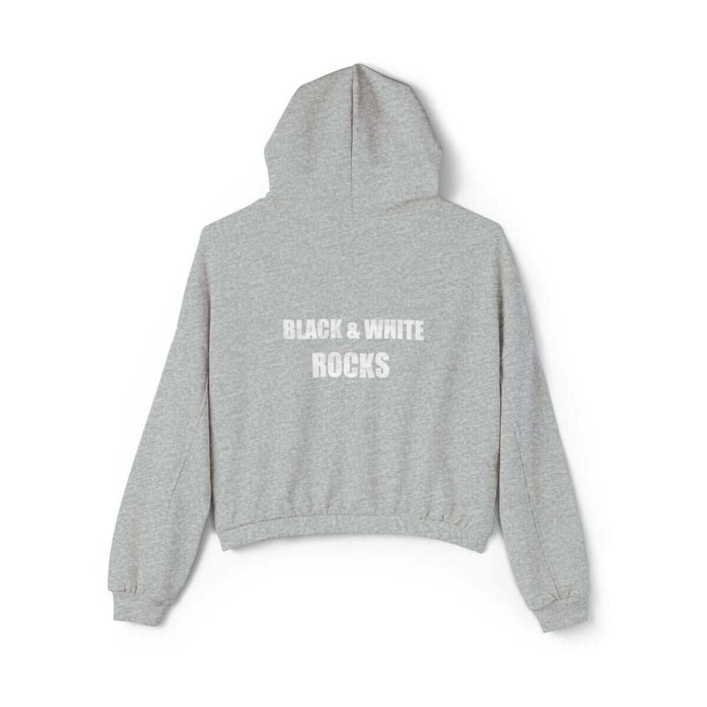 Gray cotton hoodie with relaxed fit and bold BLACK & WHITE ROCKS lettering printed across the upper back