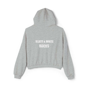 Gray cotton hoodie with relaxed fit and bold BLACK & WHITE ROCKS lettering printed across the upper back
