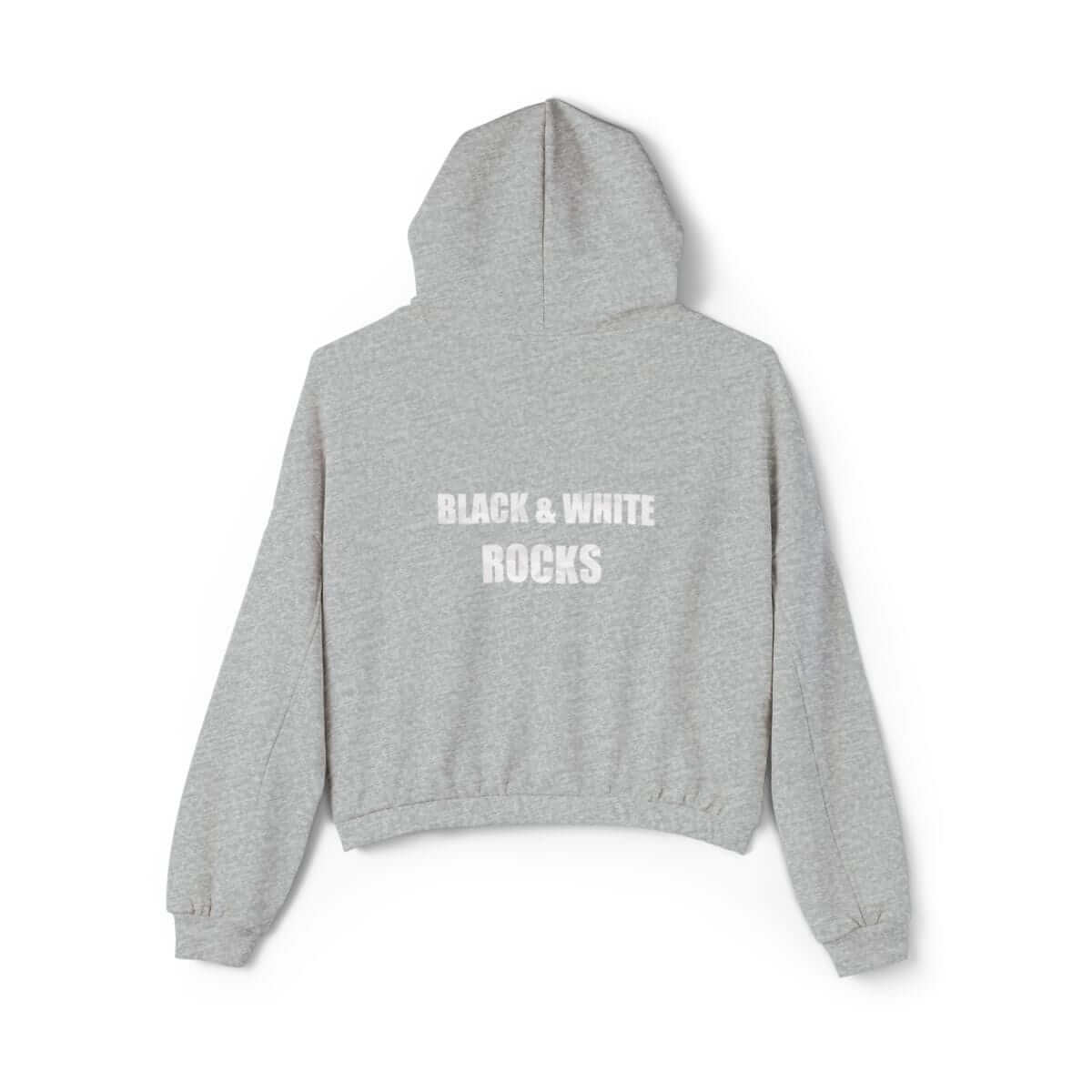 Gray cotton hoodie with relaxed fit and bold BLACK & WHITE ROCKS lettering printed across the upper back