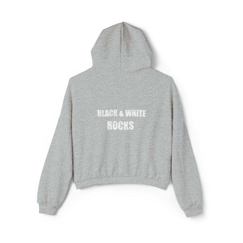 Gray cotton hoodie with relaxed fit and bold BLACK & WHITE ROCKS lettering printed across the upper back