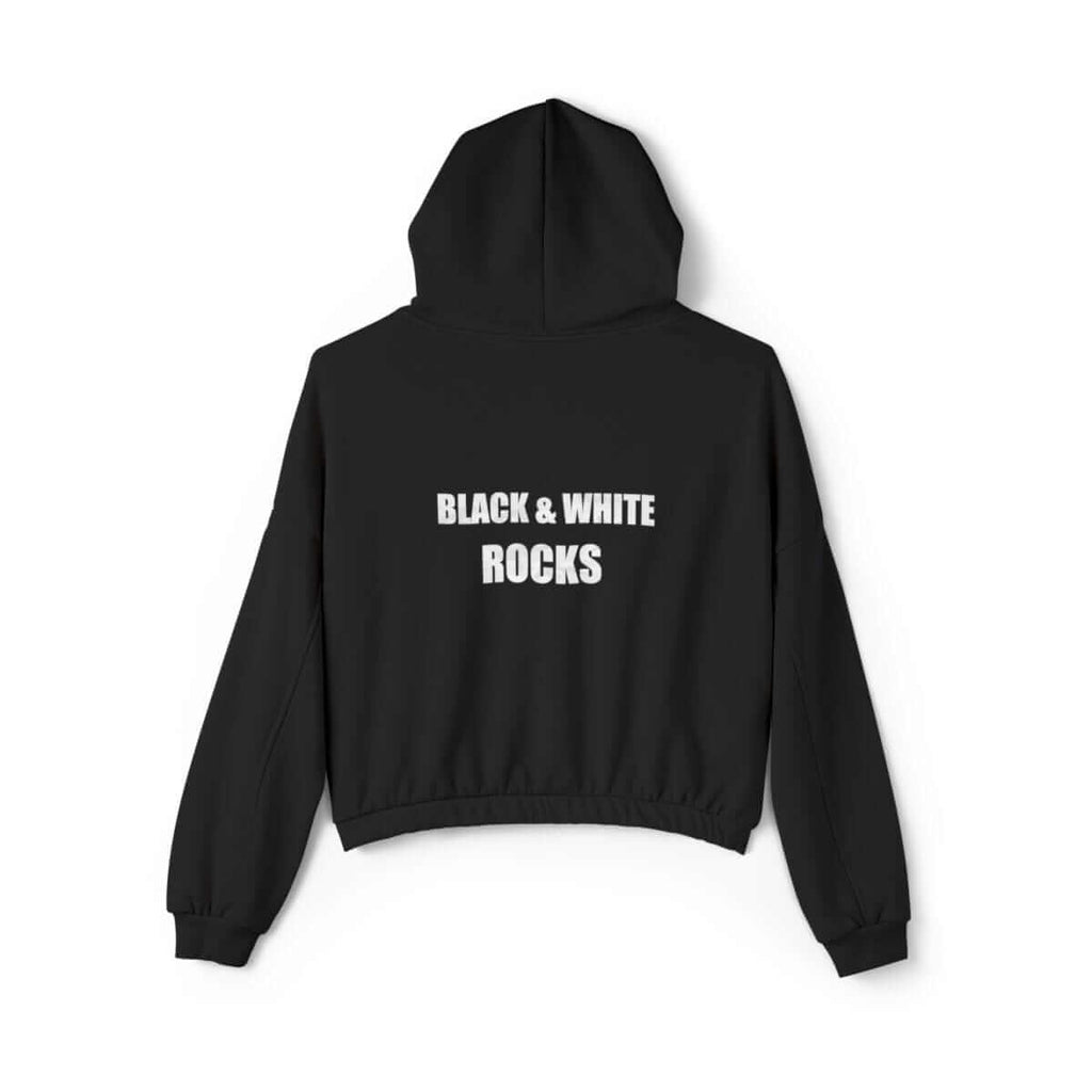 Black cotton hoodie with bold white text on chest reading 'BLACK & WHITE ROCKS' in all caps