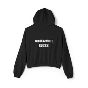 Black cotton hoodie with bold white text on chest reading 'BLACK & WHITE ROCKS' in all caps
