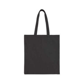 Black tote bag with canvas material, minimalist design, dual top handles, and no exterior branding or hardware