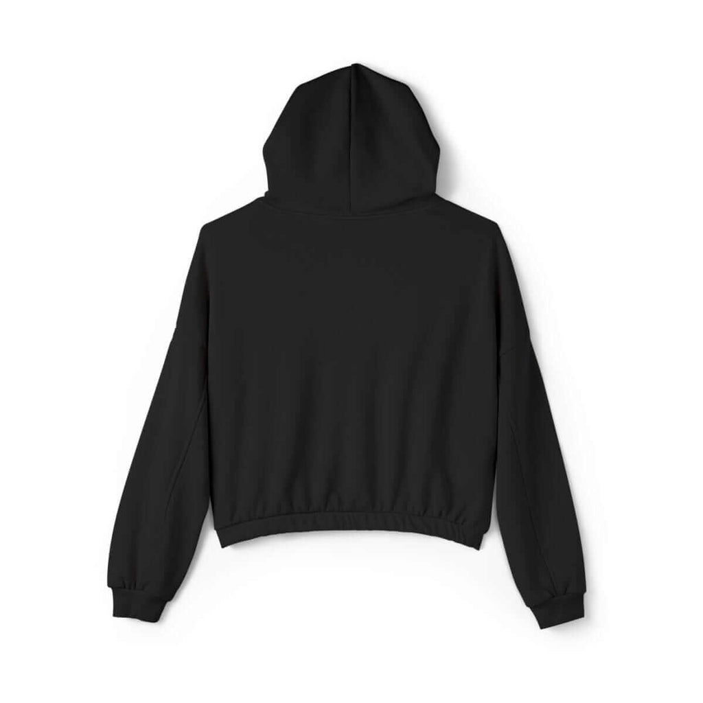 Black cotton hoodie with long sleeves featuring white geometric design on the back against white background