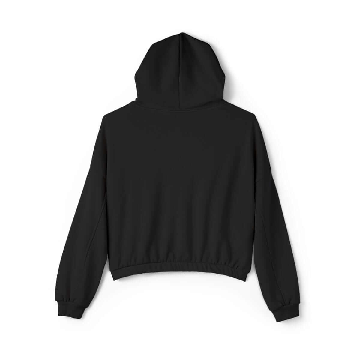 Black cotton hoodie with long sleeves featuring white geometric design on the back against white background