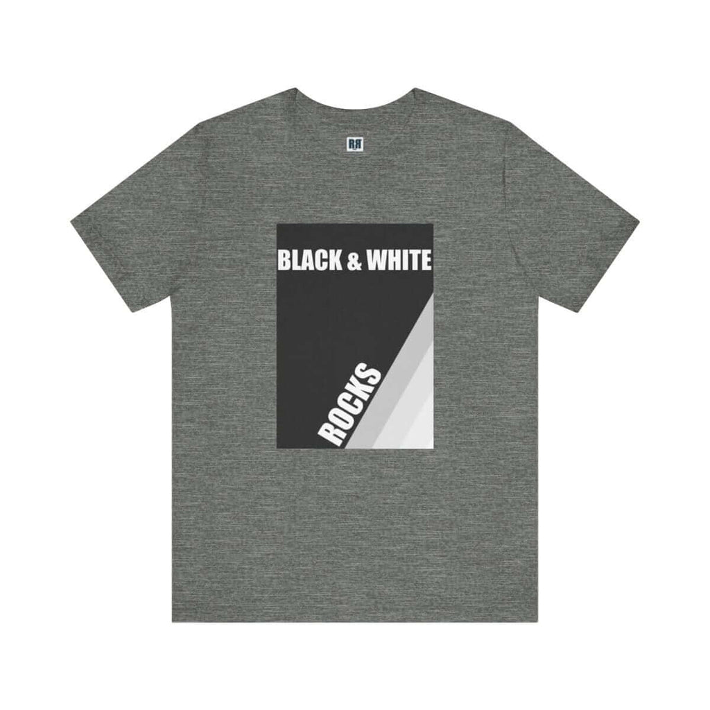 Deep heather t-shirt with modern black and white rock design reading 'BLACK & WHITE ROCKS'