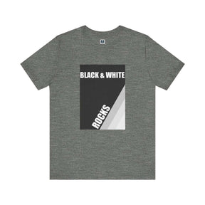 Deep heather t-shirt with modern black and white rock design reading 'BLACK & WHITE ROCKS'