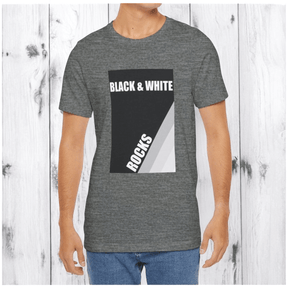 Deep heather cotton t-shirt with black rock print 'BLACK & WHITE ROCKS' against wood-textured paneling