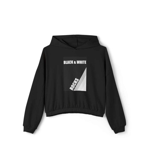 Black cotton hoodie with white rock graphic on the front featuring a drawstring hood and ribbed cuffs and hem