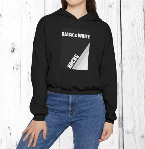 Black and white cotton hoodie with abstract rock pattern featuring a drawstring hood and ribbed cuffs and hem