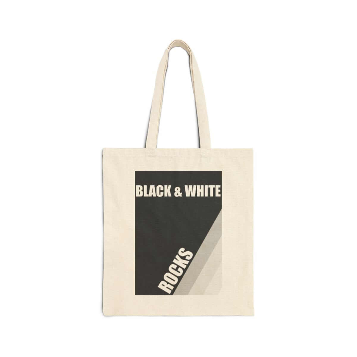Natural canvas tote bag with black and white abstract rock print featuring two black handles in a square shape