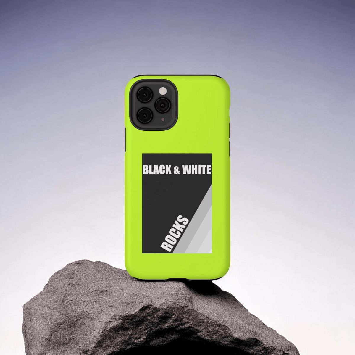 Black and white rock pattern phone case for iPhone 11 Pro with neon yellow matte finish and slim protective design