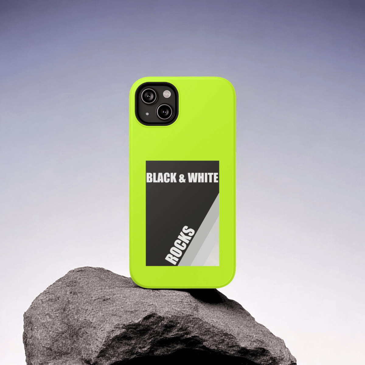 Black and white rock print hard plastic phone case with neon yellow matte edges designed for iPhone 14 Plus featuring cutouts for camera and buttons