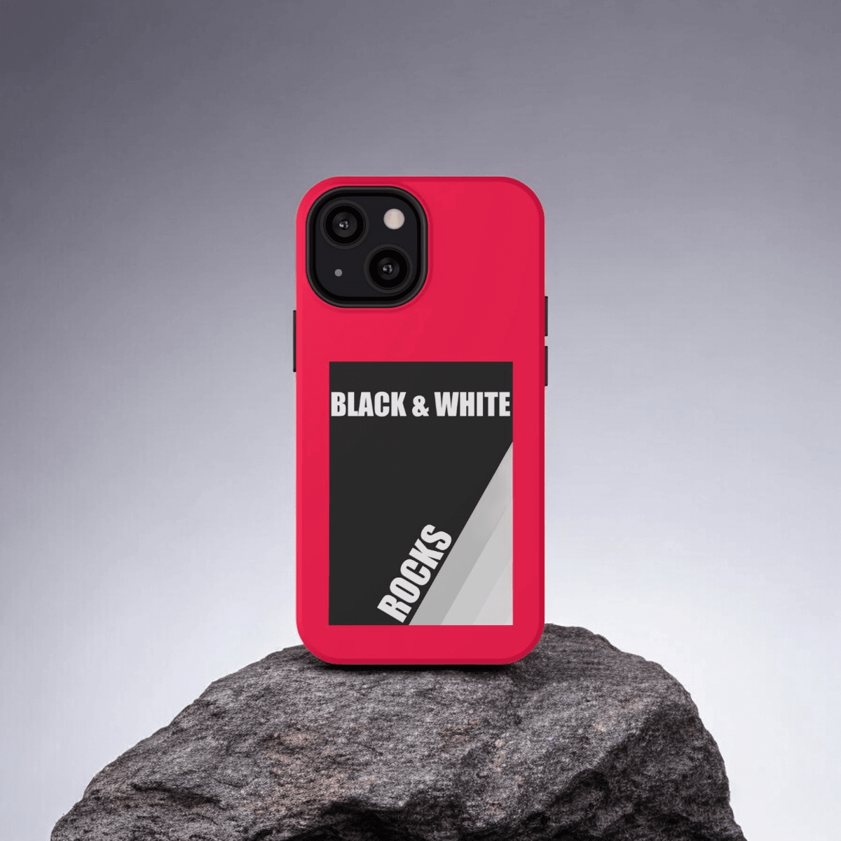 Black and white rock pattern hard plastic phone case with neon red accent designed for iPhone 13 Mini in matte finish