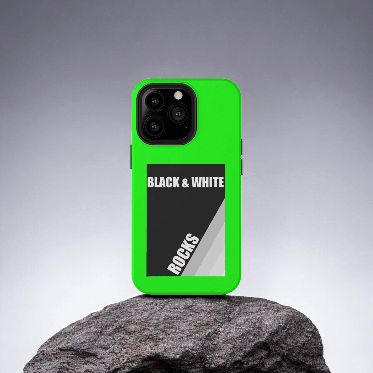 Black and white rock patterned hard phone case with neon green matte edges for iPhone 13 Pro featuring protective raised bezels