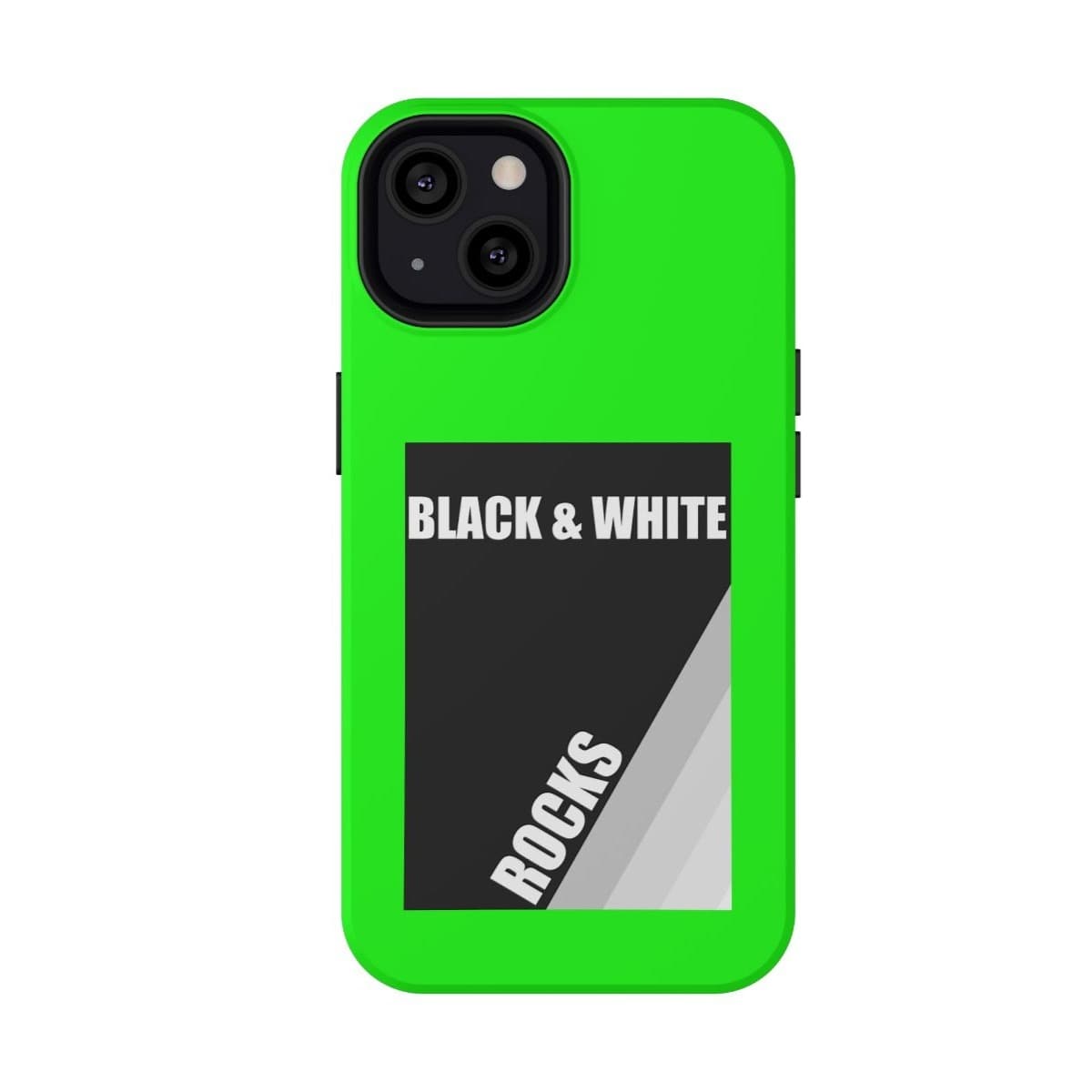 Phone case with black and white rock pattern on neon green matte background designed for iPhone 13 featuring slim fit and durable material