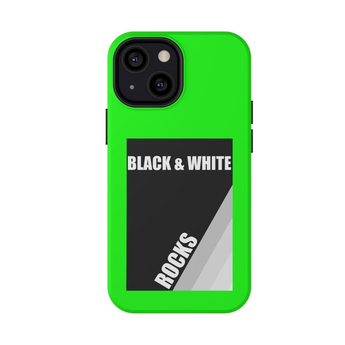Black and white matte phone case with rock pattern and neon green accents for iPhone 13 Mini featuring a slim protective design